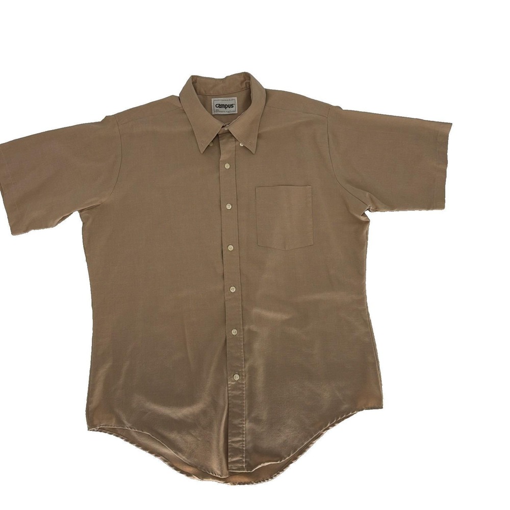 Vintage 1970s Campus One University Place Men's Tan Button Down Shirt L 16